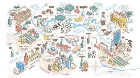 Illustrated hand-drawn map of the Yarra Valley featuring wineries, vineyards, and local landmarks by Kat Chadwick