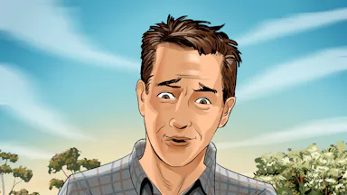 Illustration of an adult male with short brown hair, wearing a collared shirt, against a blue sky and green trees background.