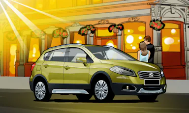 Illustration of a green Suzuki SX4 S-Cross car parked near a building with two people standing in the background.