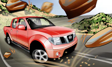 Red pickup truck driving on a winding road with cartoon style rocks falling, set in an outdoor desert environment with a bright sunny sky.