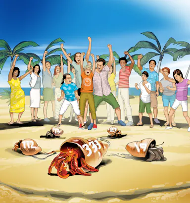 Illustration of a hermit crab race on a beach with a crowd of cheering people, palm trees, and a bright blue sky.