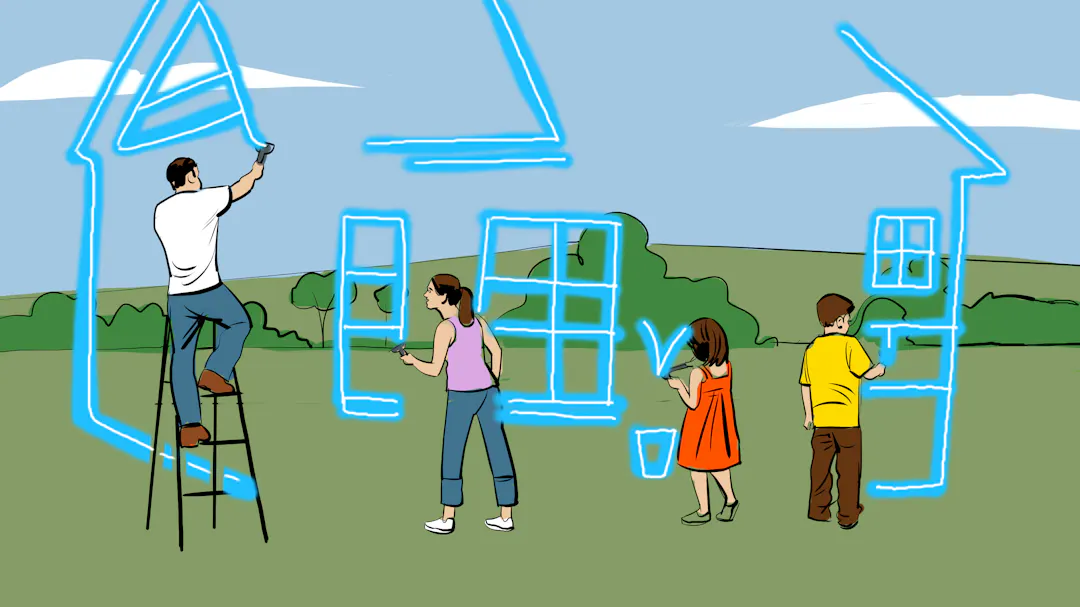 Family of four painting a house outline in the daytime on a grassy lawn with a bright blue sky, cartoon illustration style.