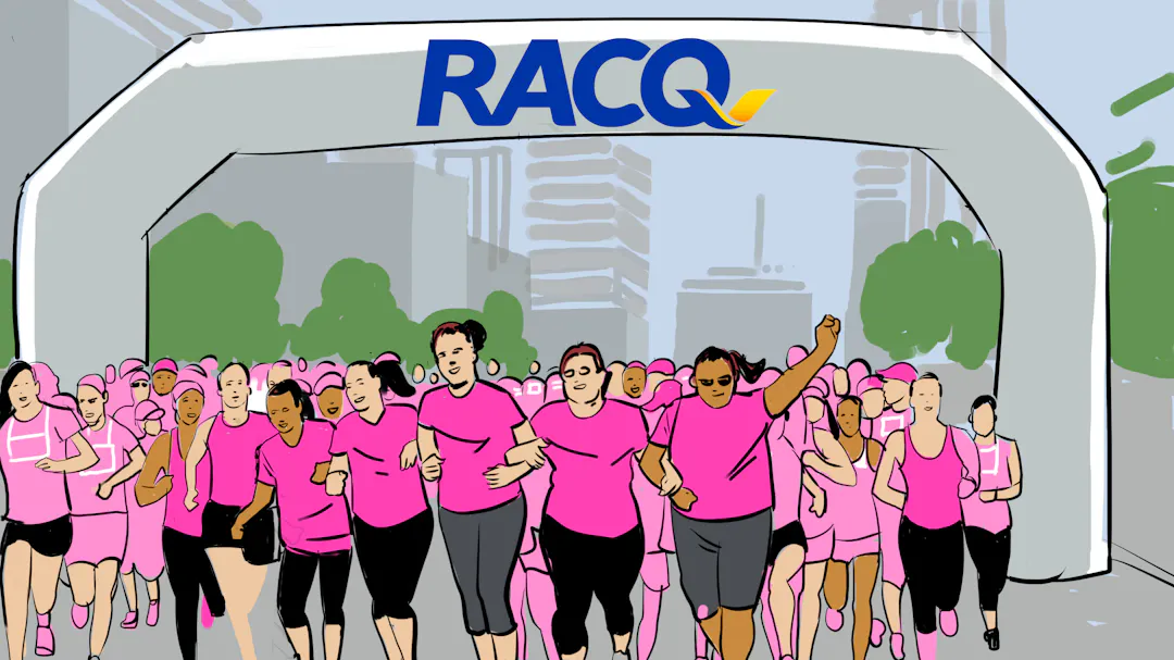 Illustration of a crowd of diverse people running in a marathon under an RACQ banner, set against a city skyline background.