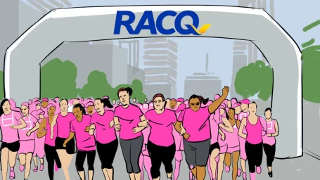 Digital illustration by Eddie Chau of a large group of runners in pink shirts passing under a RACQ finish line arch.