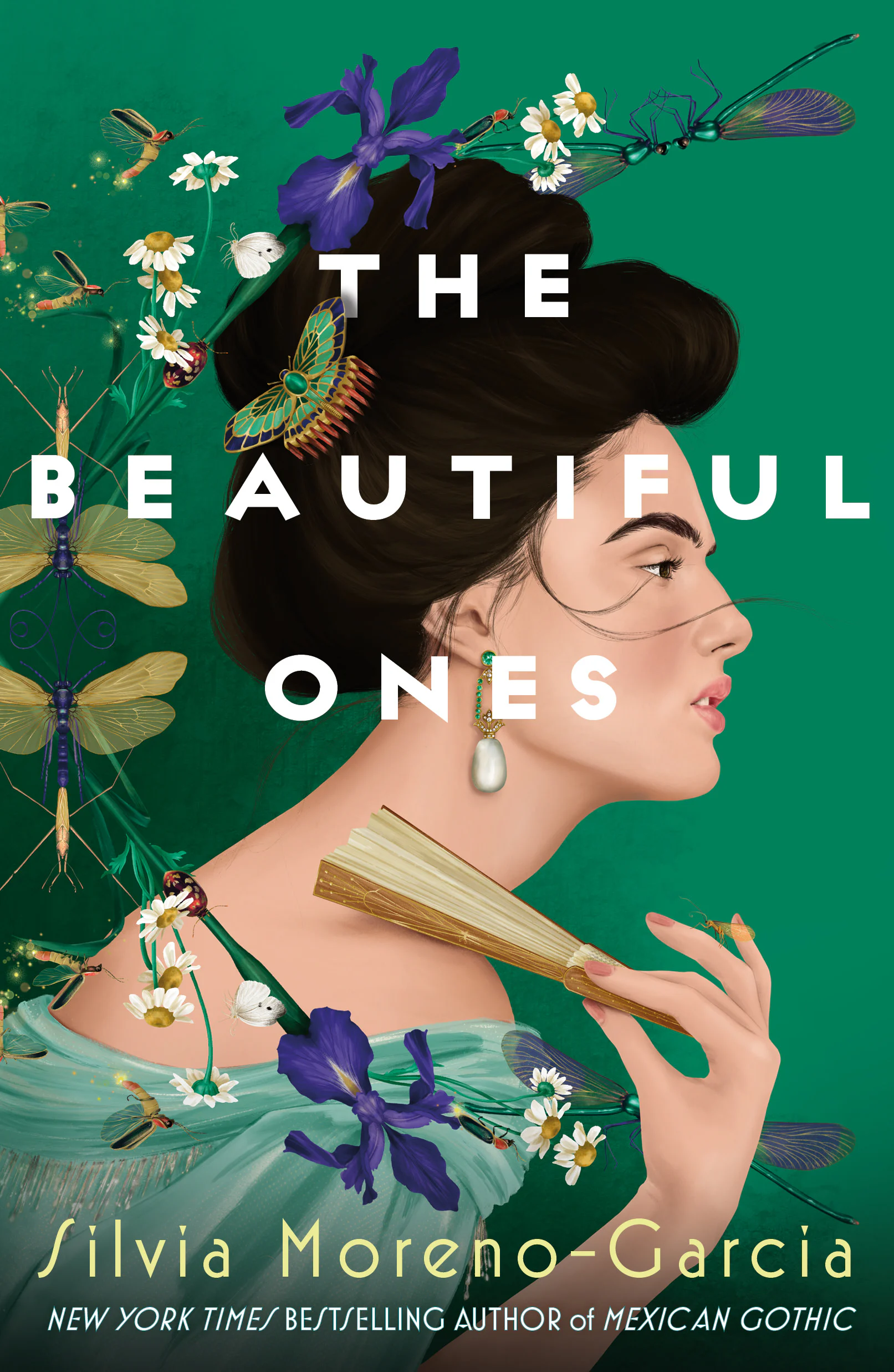 Book cover illustration features a fair-skinned woman in profile holding a fan, adorned with flowers and insects on a teal background.