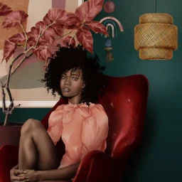 Digital illustration by Emma Leonard of a black woman seated in a red velvet armchair with a plant and woven pendant lamp in background.