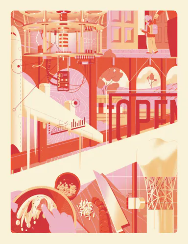 Stylized illustration of interconnected scenes: food preparation, infrastructure, and a child walking, in a warm, illustrative style.