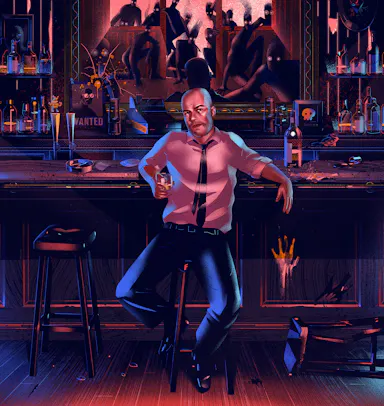 Illustration of a man at a bar with zombies visible in the background. He is sitting on a stool holding a glass.