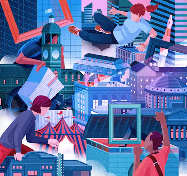 Illustration of an urban skyline with buildings and a person leaping through an open picture frame, utilizing bright colors and a flat aesthetic.