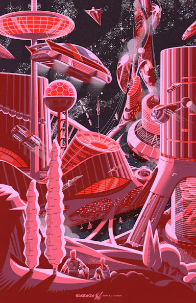 Retro futuristic city illustration with red-toned buildings, flying vehicles, two figures on the ground, and star-filled sky background.