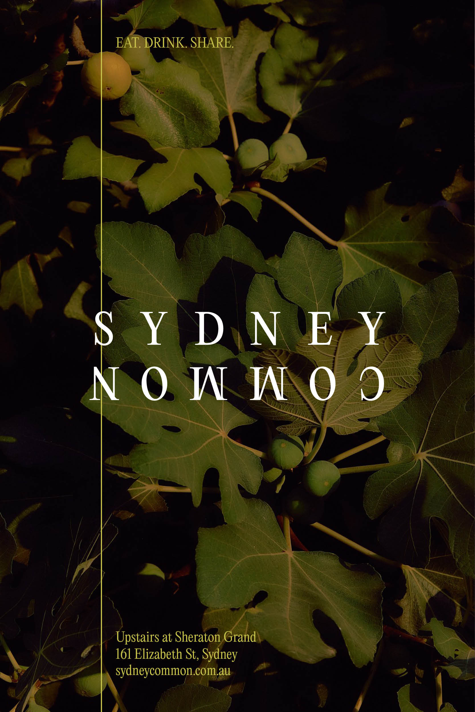 Dark food and beverage advert featuring a fig tree branch with green leaves and figs against a dark background with white text overlay.