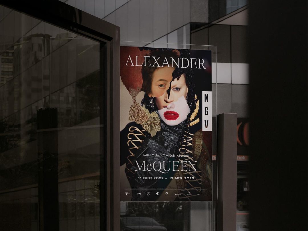 Alexander McQueen poster featuring a face collage. The poster promotes an exhibition. Modern font text is prominently displayed.