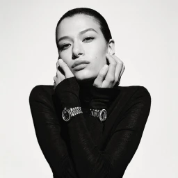 Monochrome portrait of a woman in a black turtleneck holding her face with two metal wristwatches worn on her forearms against a plain background