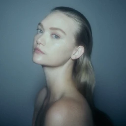 Close up portrait of a woman with slicked back hair and bare shoulders against a neutral grey background
