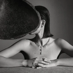 Monochrome portrait of a person wearing a diamond necklace and earrings with face obscured by a dark sculptural prop