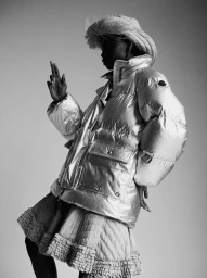 Model in silver puffer jacket and matching hat posing against light background by Duncan Killick