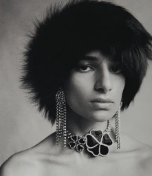 Close-up portrait of a model wearing a dark fuzzy hat, crystal earrings, and a floral statement necklace by Paul Scala