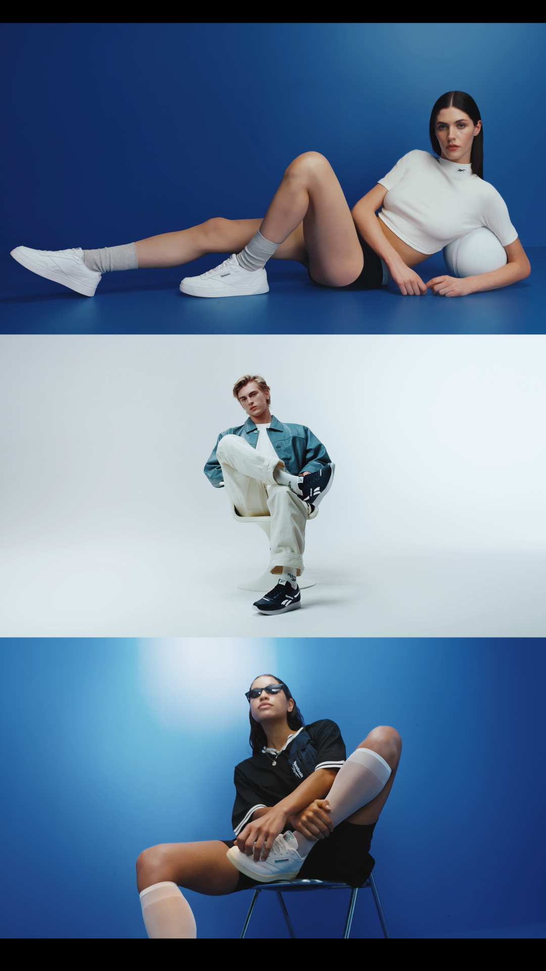 Three models pose in a studio wearing athletic apparel and sneakers against blue and white backdrops, creating a dynamic, youthful mood.