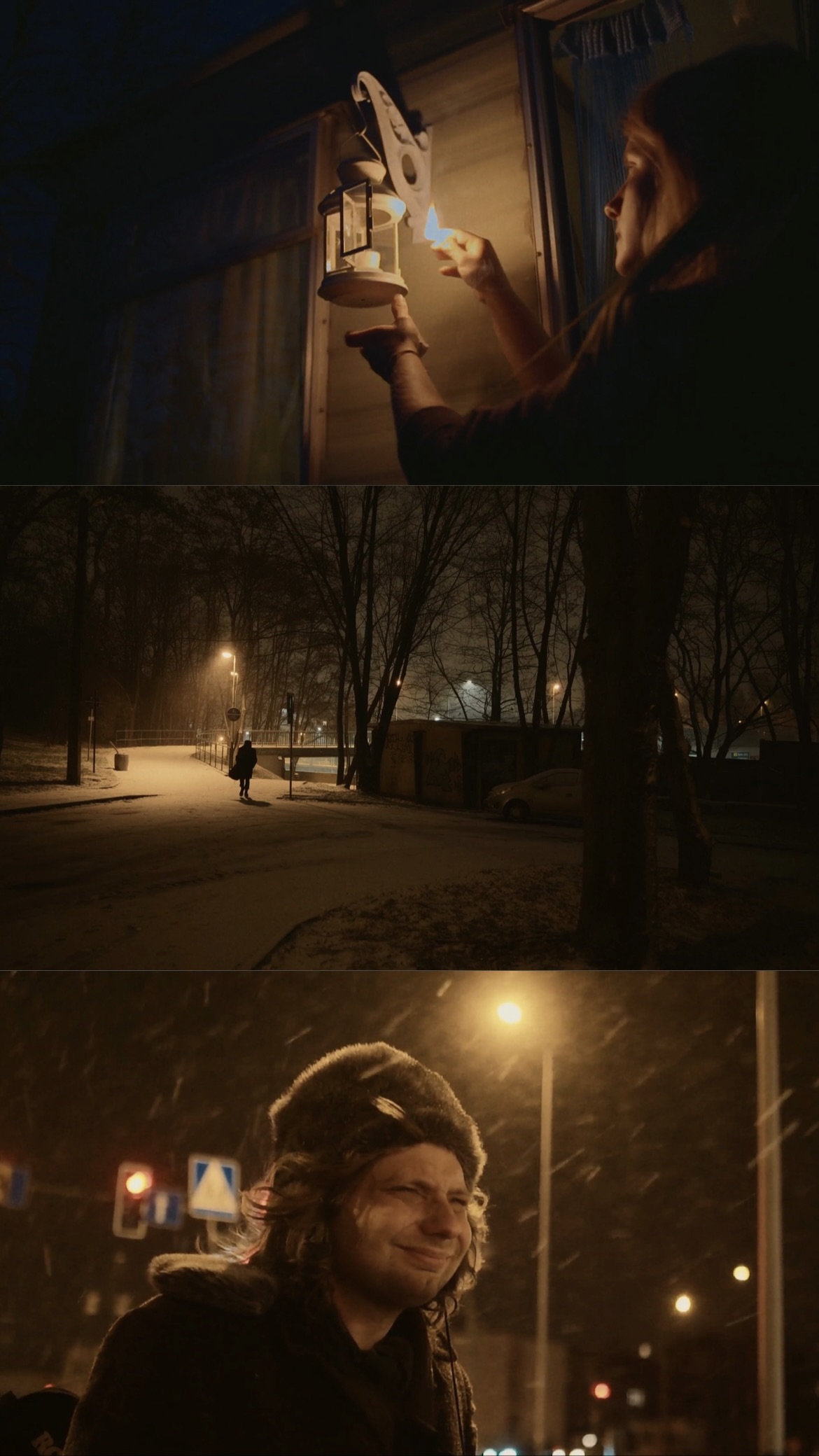 Three-part collage: woman lights lantern, snowy night scene with pedestrian, man smiles in falling snow under streetlights.