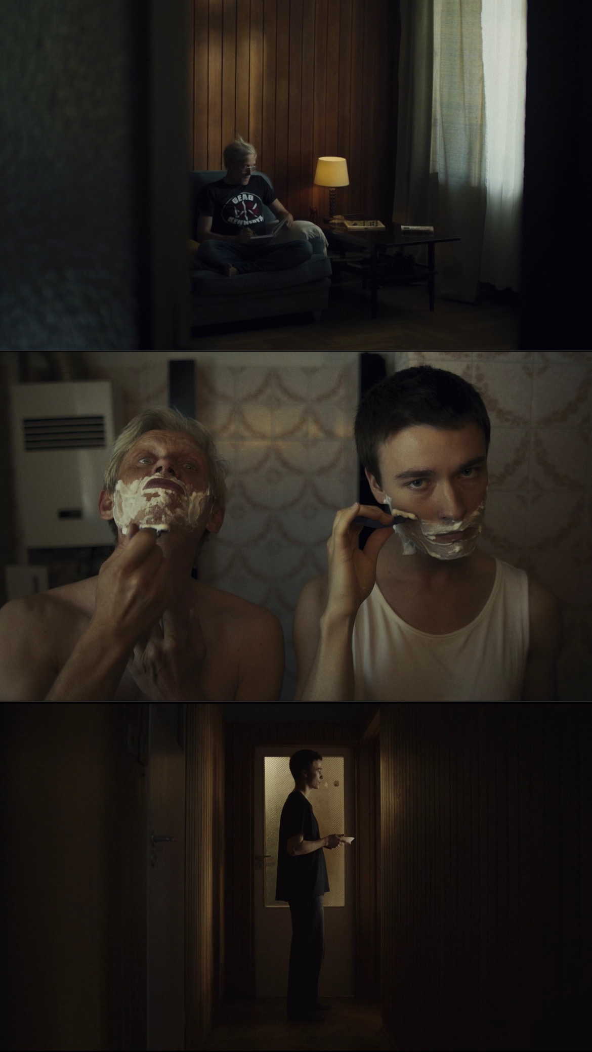 Three-panel shot of men shaving and relaxing indoors, with muted lighting and a focus on personal grooming and domesticity.