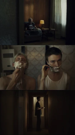 Three-panel shot of men shaving and relaxing indoors, with muted lighting and a focus on personal grooming and domesticity.