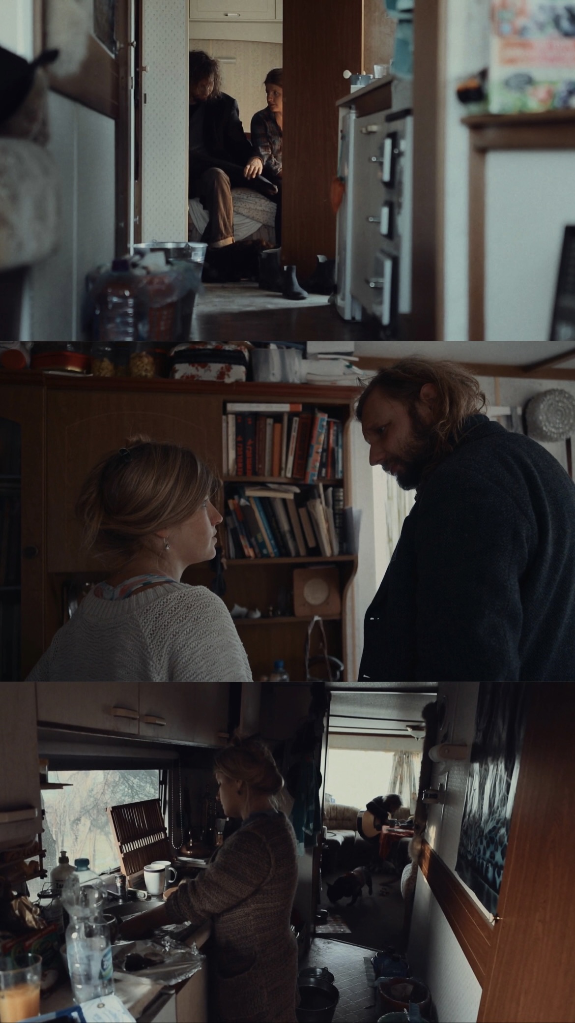 Indoor scenes show a woman and man facing each other, another woman at a sink, and two seated people in a trailer interior.