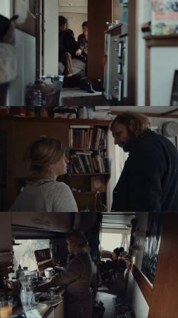 Indoor scenes show a woman and man facing each other, another woman at a sink, and two seated people in a trailer interior.