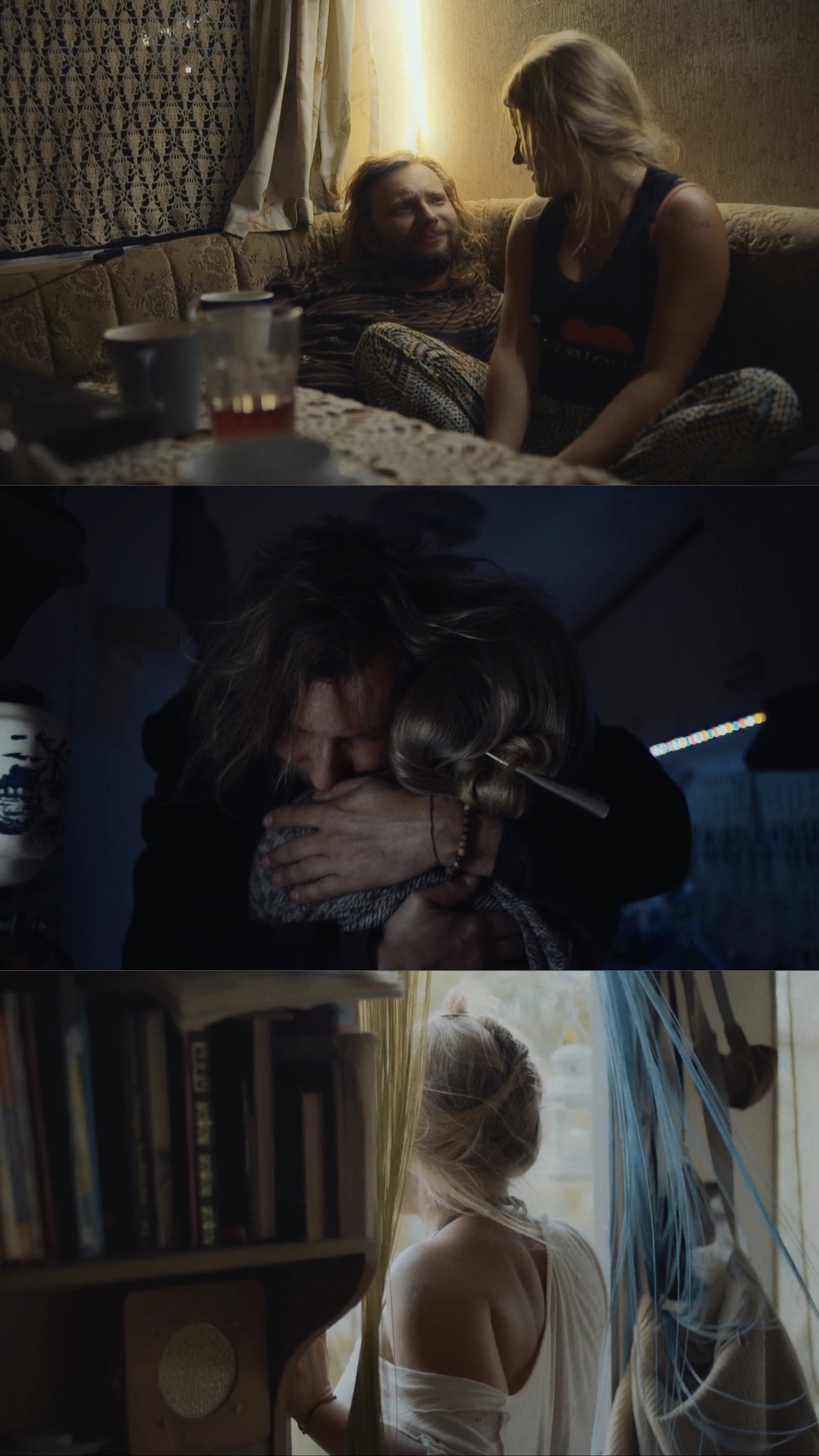 Three scenes show two women indoors, a man embracing someone, and a woman gazing out a window, creating a visually rich collage.
