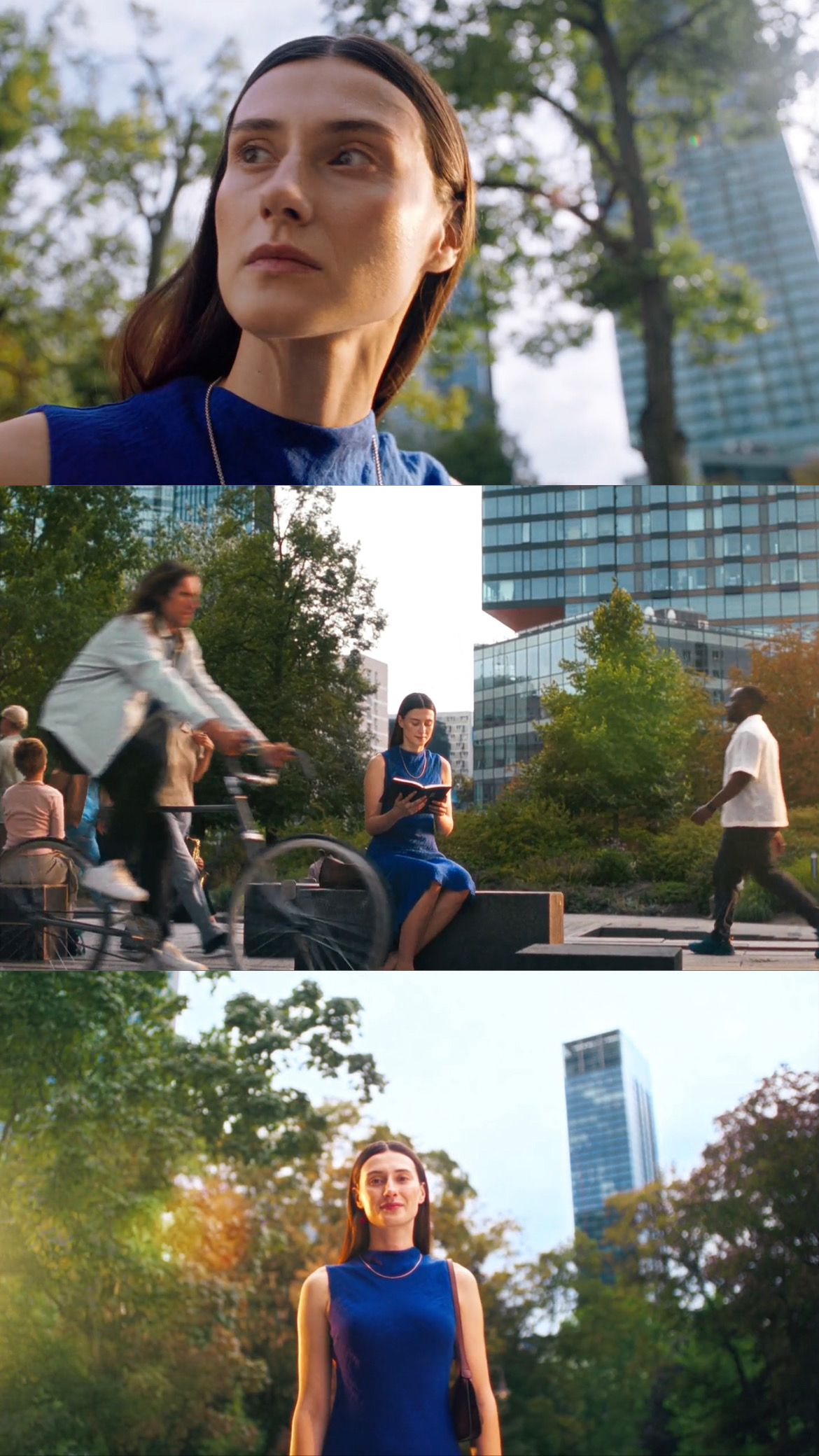 An outdoor scene featuring a woman in a blue dress in three different compositions with cityscape and trees in the background.