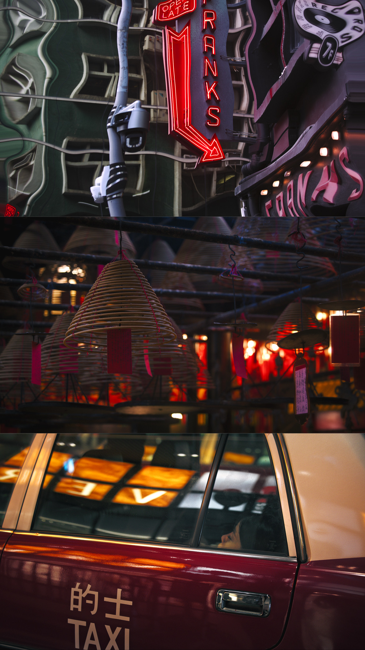 Night scene featuring a neon Franks sign, incense coils hanging indoors, and a burgundy taxi with a passenger reflecting city lights.