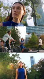 Woman in a blue dress sitting in an outdoor park setting with modern city buildings in the background.
