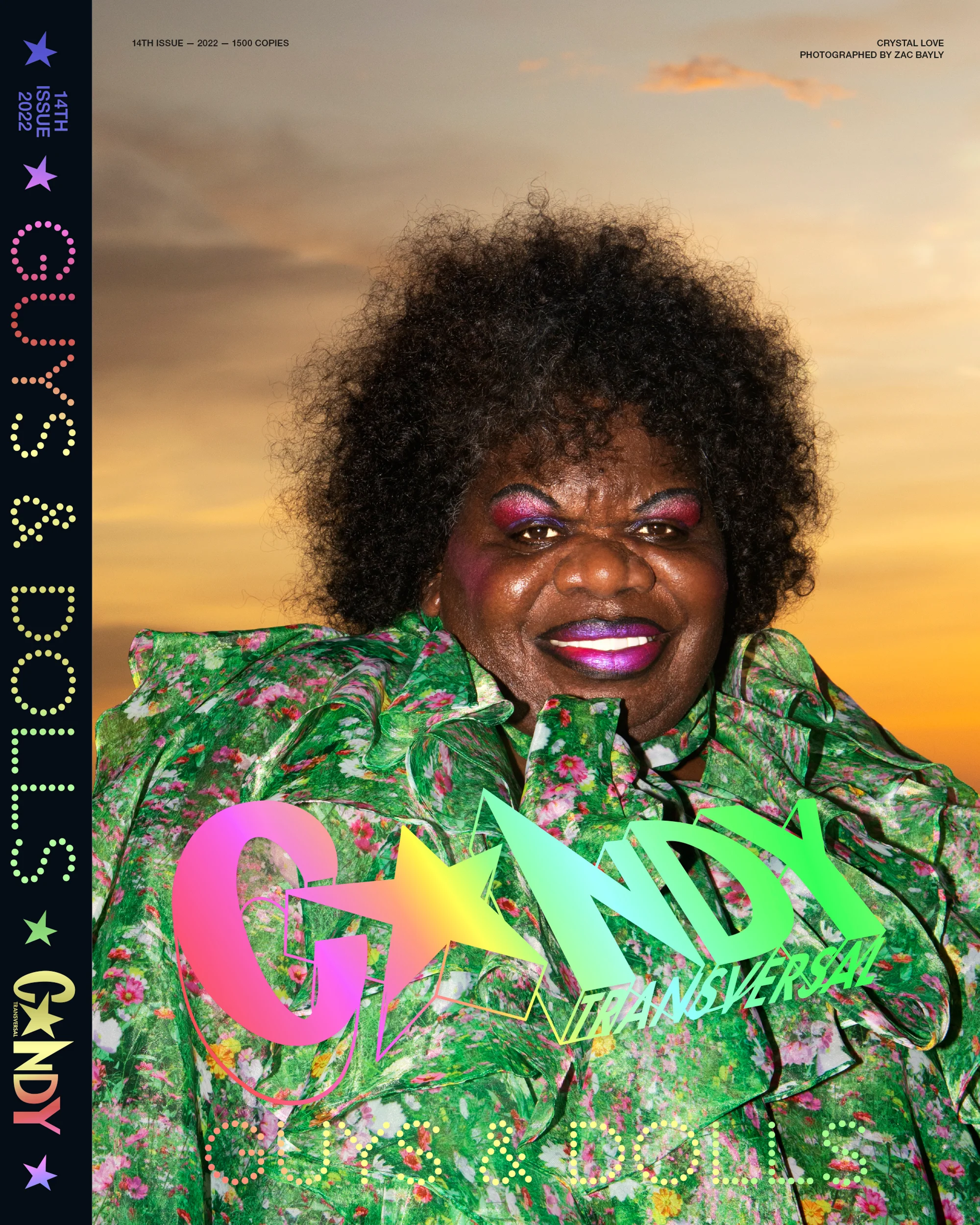Magazine cover featuring Crystal Love, photographed by Zac Bayly, in a green floral dress with bold makeup against a sunset background.