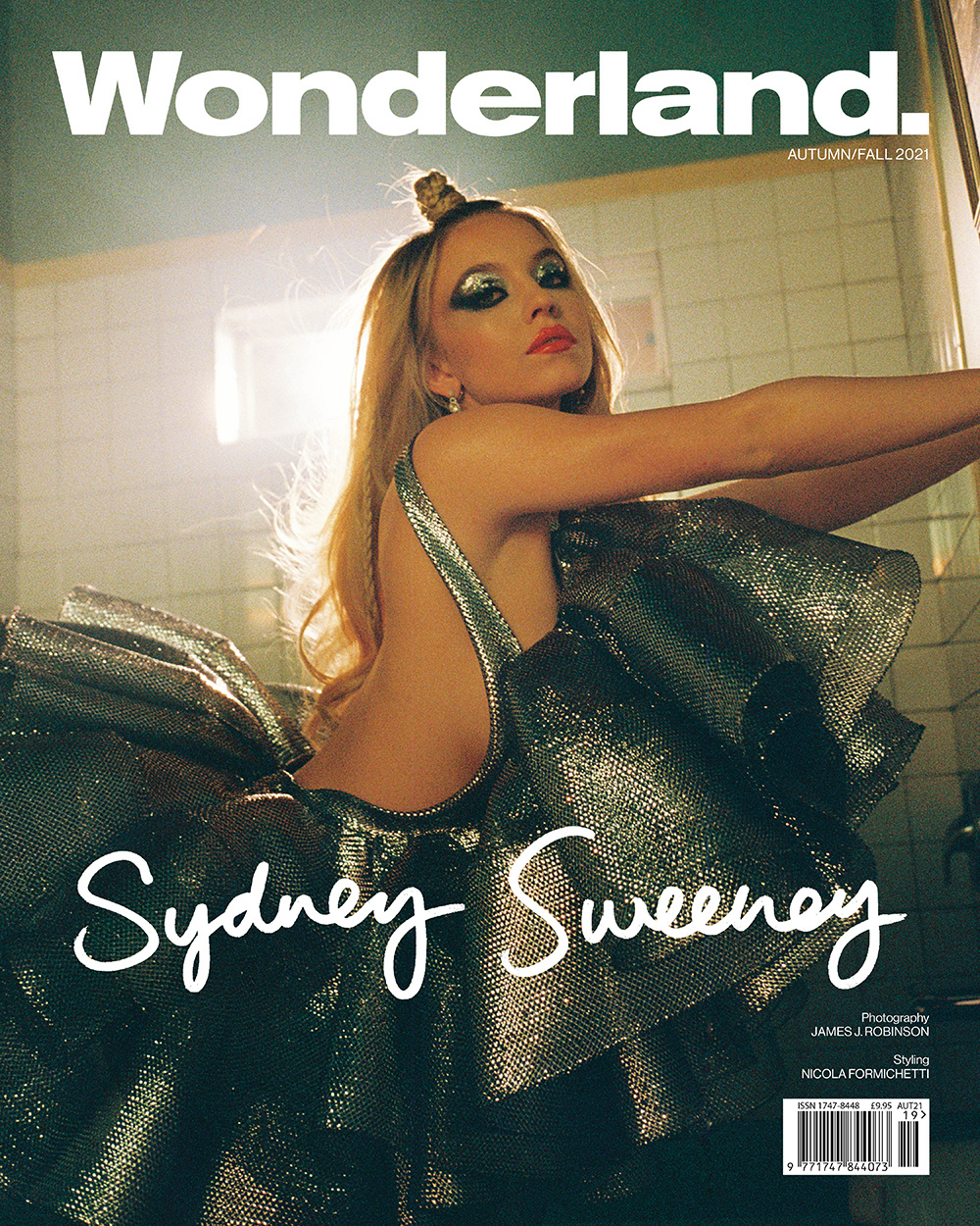 Wonderland magazine cover featuring Sydney Sweeney in a shiny dress, blonde hair, and smokey eye makeup. Autumn/Fall 2021 issue.