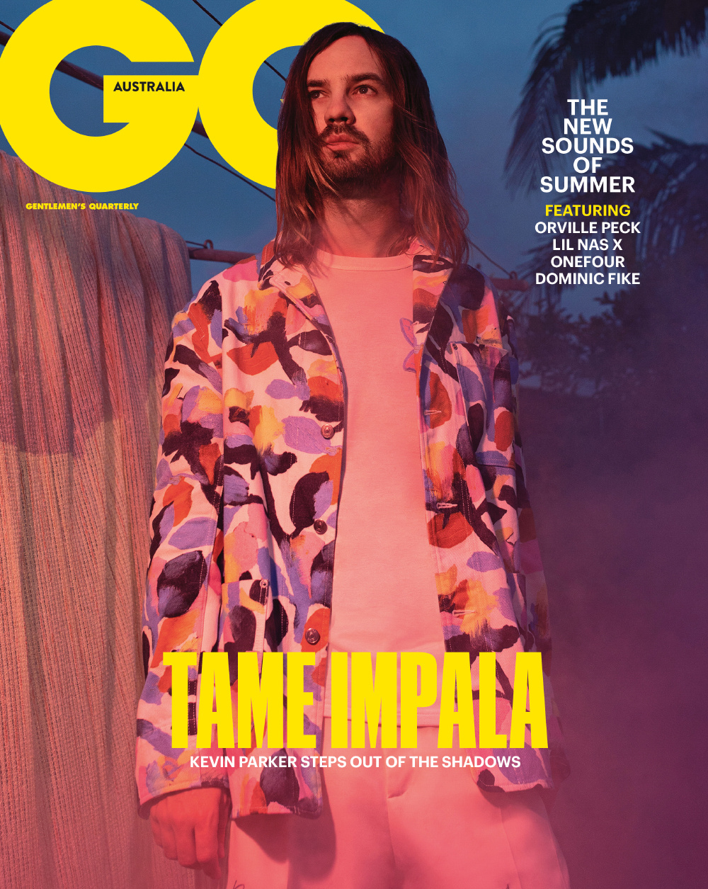Magazine cover featuring Kevin Parker of Tame Impala, floral jacket, soft lighting, GQ Australia, palm trees, summer sounds, music scene.