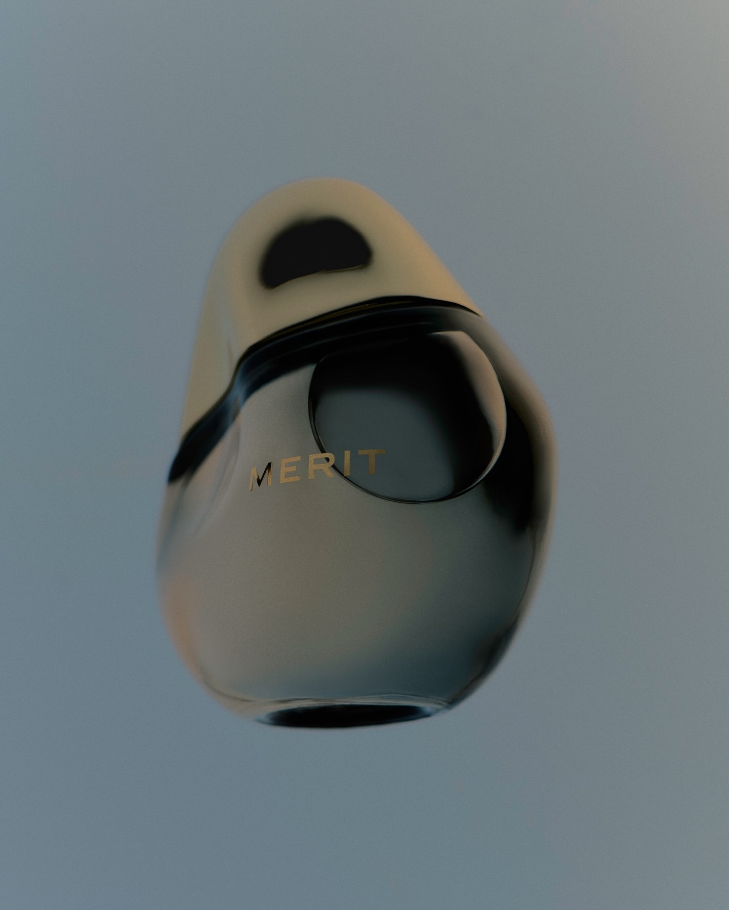 Product shot of a dark glass bottle with a gold top and the word 'MERIT' on the side against a gradient blue background in a beauty context.