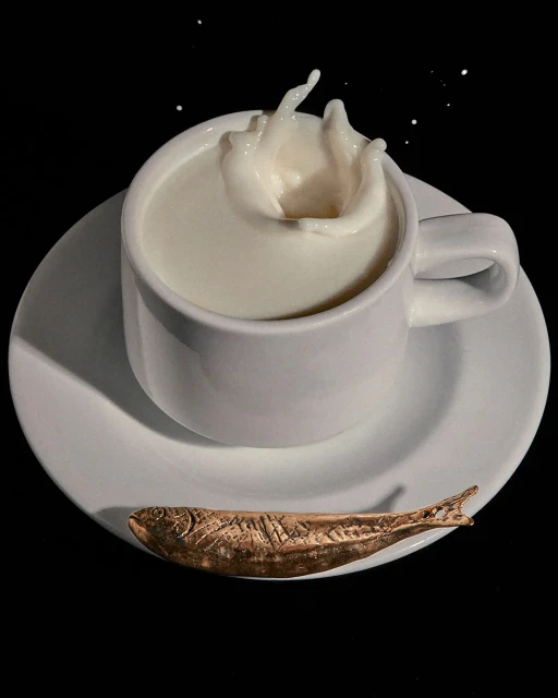 Close-up still life showcasing milk splashing in a white cup, set on a saucer with a bronze-colored fish figurine against a black background.