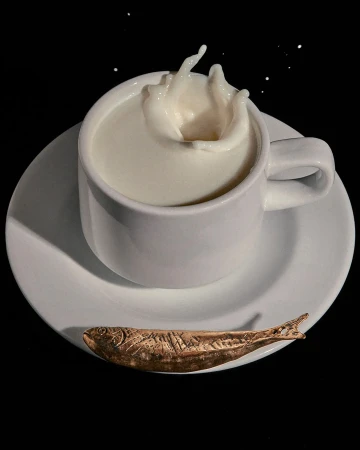 Close-up still life showcasing milk splashing in a white cup, set on a saucer with a bronze-colored fish figurine against a black background.