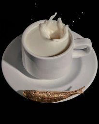 White ceramic teacup filled with splashing milk on a saucer with a small bronze fish resting beside it