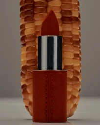 Close-up product photograph of a rust-orange lipstick standing upright in front of an ear of yellow corn against a grey background.