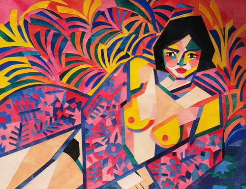 Abstract nude portrait of a dark-haired woman in collage and geometric shapes, set against a vibrant floral and leaf patterned background.