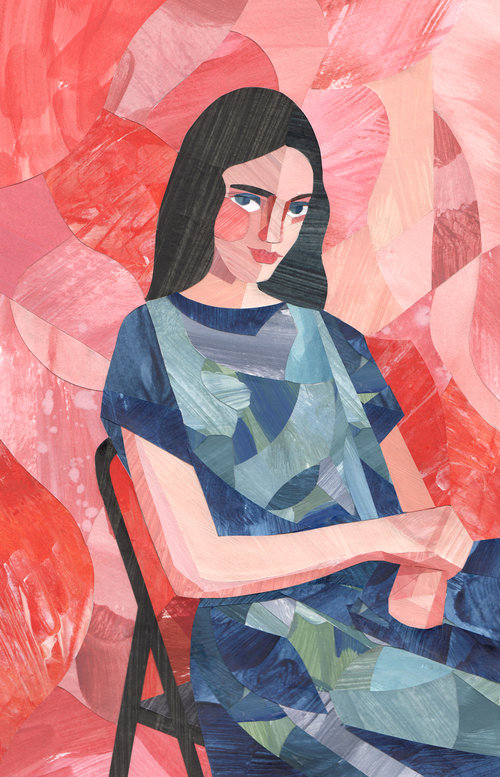 Illustration of a woman seated in a chair, with long dark hair and a blue dress, set against an abstract red and pink background.