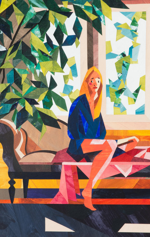 Illustration of a seated woman in a blue robe, set against a backdrop of abstract foliage and a sunlit window.