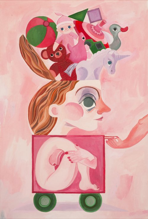 Stylized painting of a woman's face with toys above and a nude figure in a box on wheels below, all in shades of pink and red.