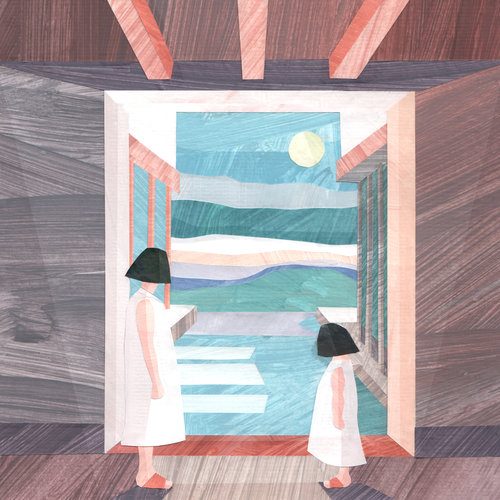 Illustration of two girls in white dresses looking out of a doorway at a calm abstract ocean scene with a bright moon.
