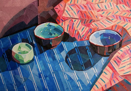 Watercolor painting of three bowls in a geometric style with pink, blue, and brown colors creating an abstract still life composition.
