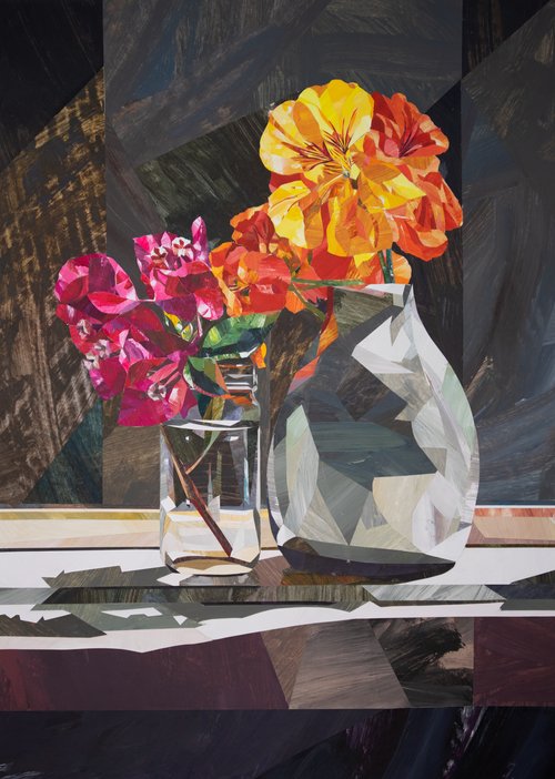 Still life painting of orange and pink flowers in glass vases against a dark, geometric backdrop, showcasing bold colors and brushstrokes.