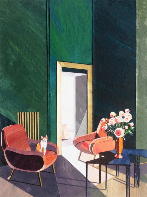 An interior painting with two armchairs, a table with flowers, and a cat, set against a vibrant green backdrop with a sunlit doorway.