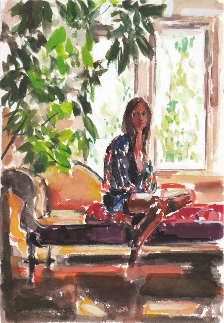 Watercolor painting of a woman sitting on a couch surrounded by lush greenery, bathed in soft light from a nearby window.