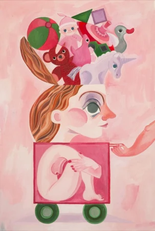 Surreal gouache illustration by Alice Lindstrom of a figure inside a wheeled pink cart with toys spilling from its head