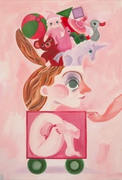 Surreal gouache illustration by Alice Lindstrom of a figure inside a wheeled pink cart with toys spilling from its head